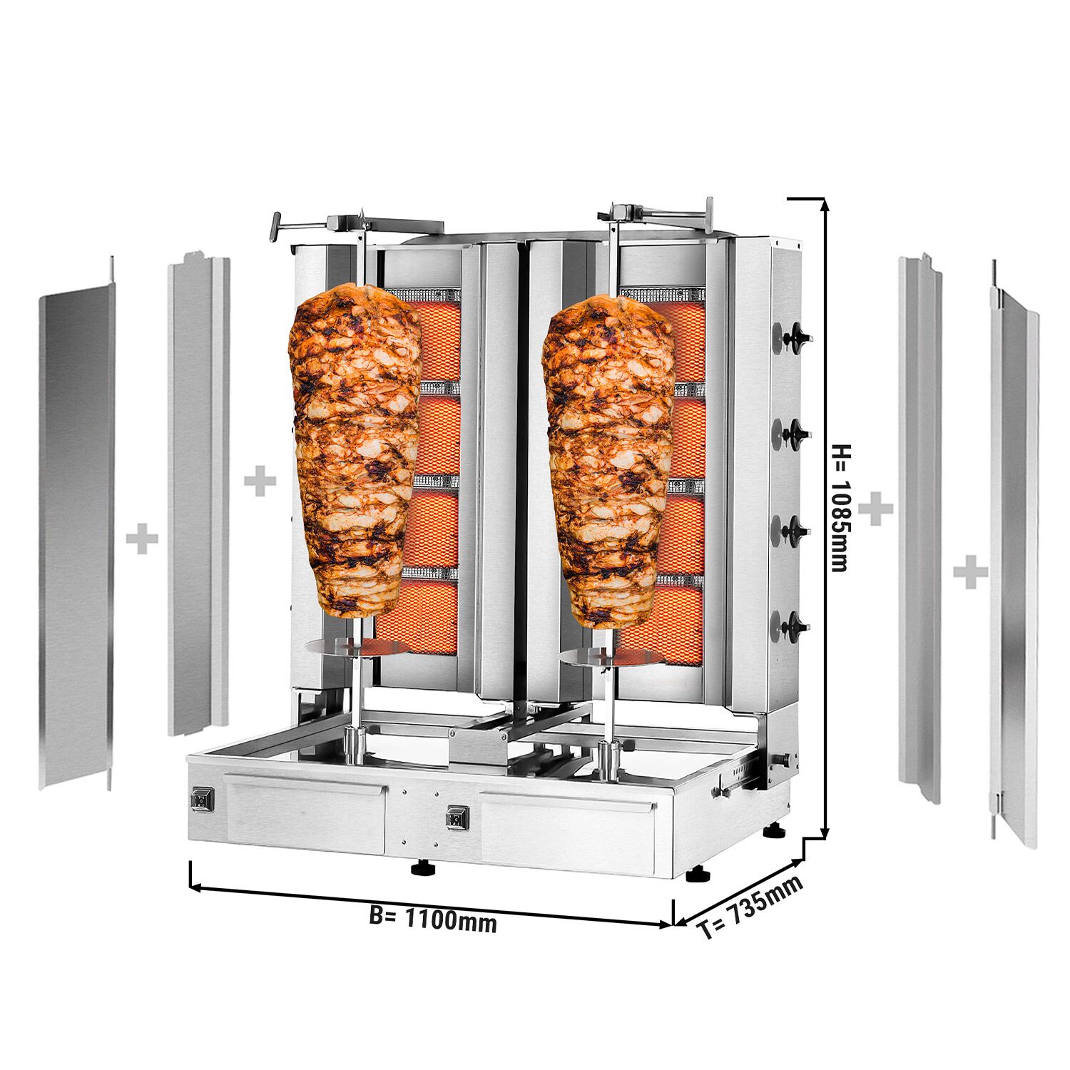 Gas gyros/ kebab grill - 4+4 burners - max. 120 kg - incl. guard plate & hinged door