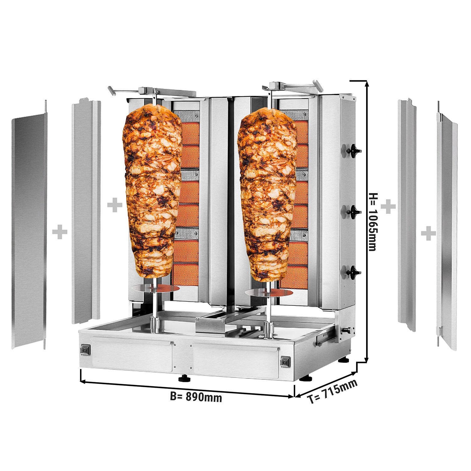 Gas gyros/ kebab grill - 3+3 burners - max. 80 kg - incl. guard plate & wing doors