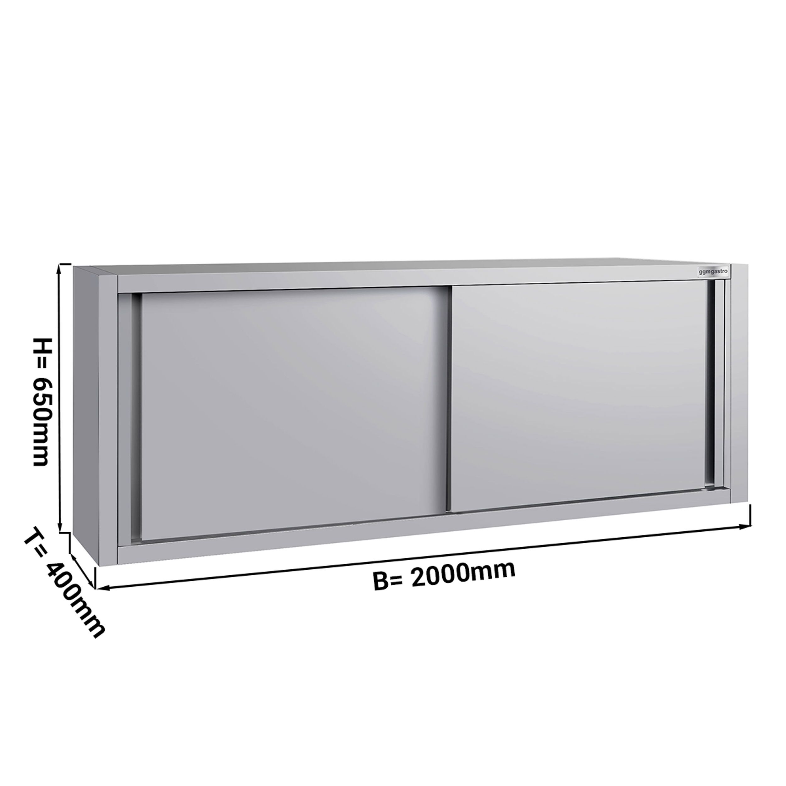 Stainless steel wall cabinet ECO - 2000x400mm - with sliding door - 650mm high