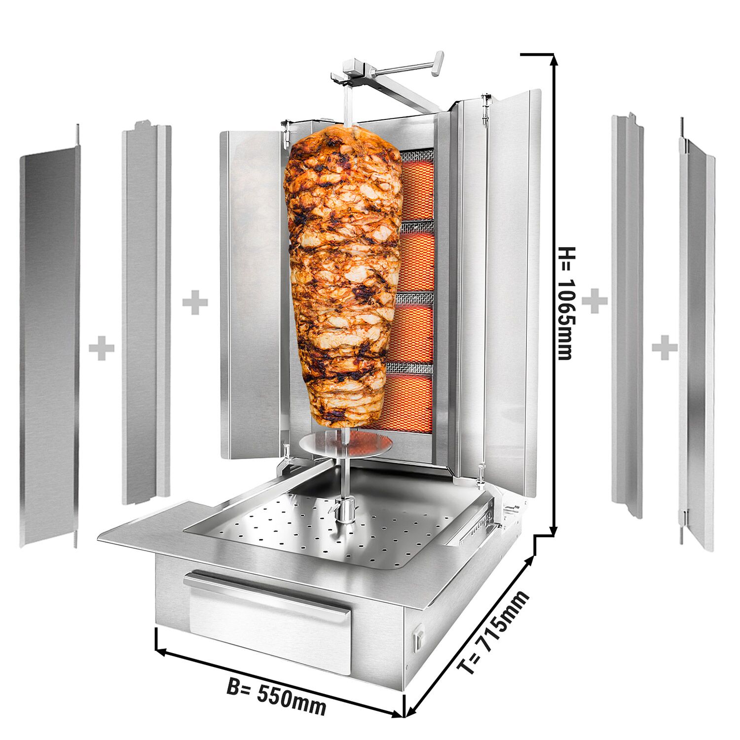 Gas gyros/ kebab grill - 4 burners - max. 60 kg - incl. guard plate & hinged doors - For FRA & BEL