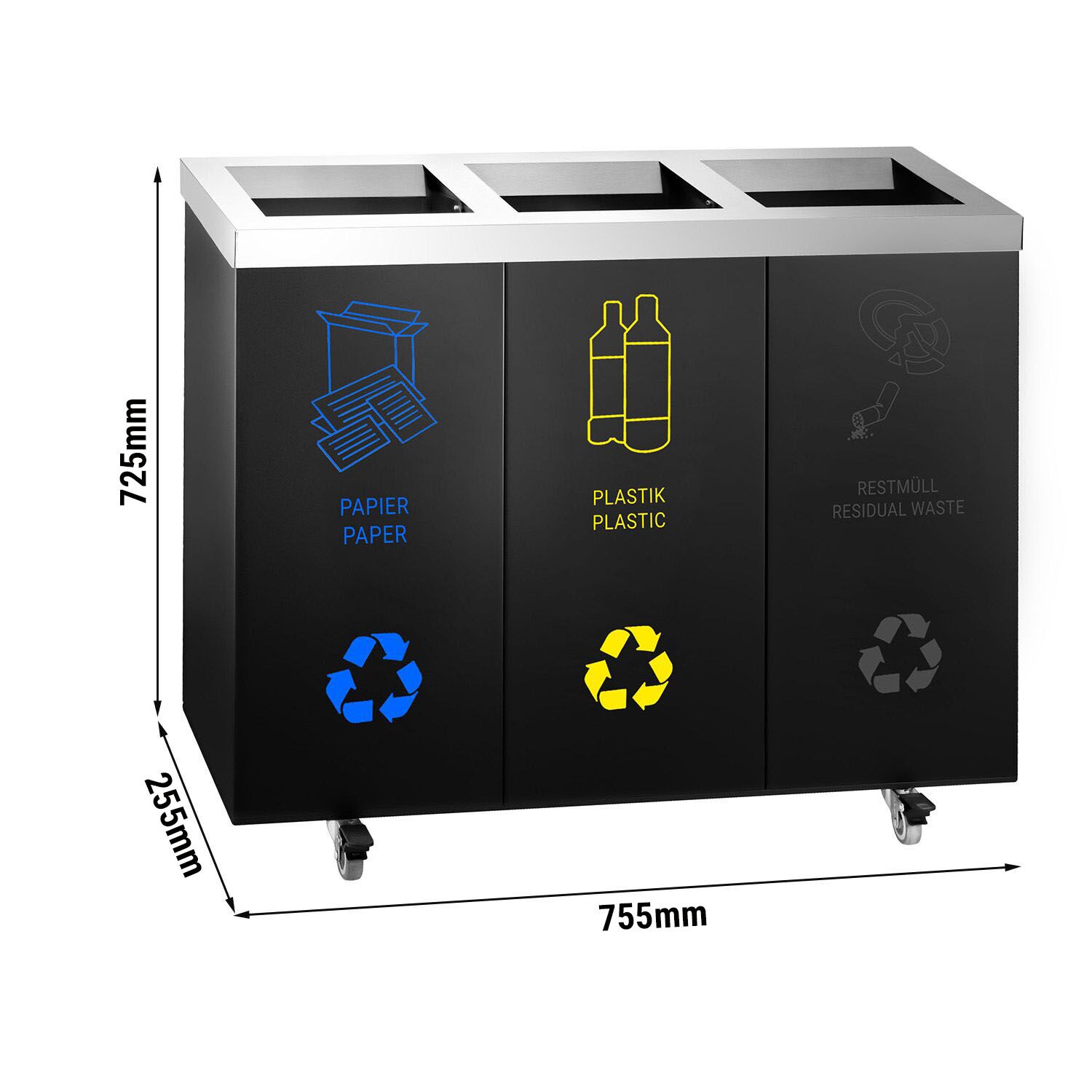 Waste separation system with 3 compartments - 4 casters - stainless steel