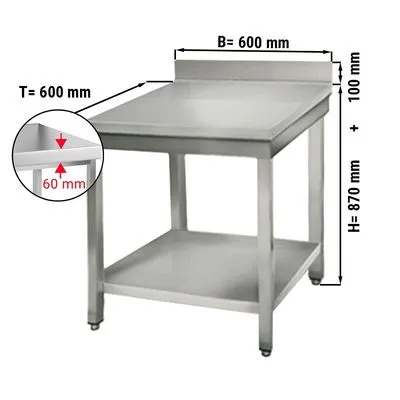 Worktable ECO Stainless steel - 600x600mm - with undershelf & backsplash
