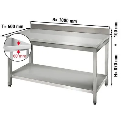 Stainless steel work table ECO - 1000x600mm - with undershelf & backsplash