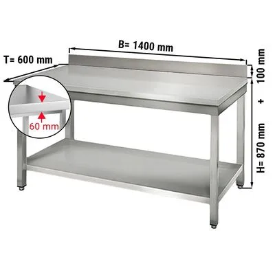 Worktable ECO Stainless steel - 1400x600mm - with undershelf & backsplash