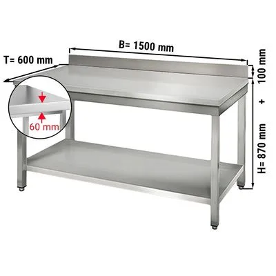 Worktable ECO Stainless steel - 1500x600mm - with undershelf & baclsplash