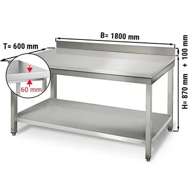 Worktable ECO Stainless steel- 1800x600mm - with undershelf & Backsplash
