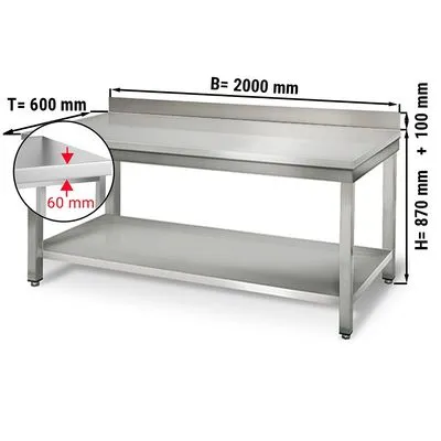 Worktable ECO Stainless steel- 2000x600mm - with undershelf & backsplash