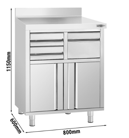Work cabinet - for coffee machine - 800x600mm - with knocker, 2 drawers, 2 doors & backsplash
